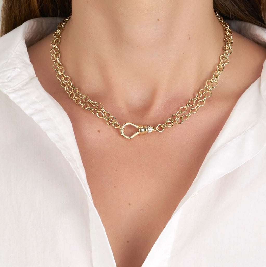 Single Stone's EVREN  featuring 30&quot; handcrafted 18K yellow gold link chain with approximately 0.20ctw G-H/VS old European cut accent diamonds on clasp.  Price does not include charms. 
