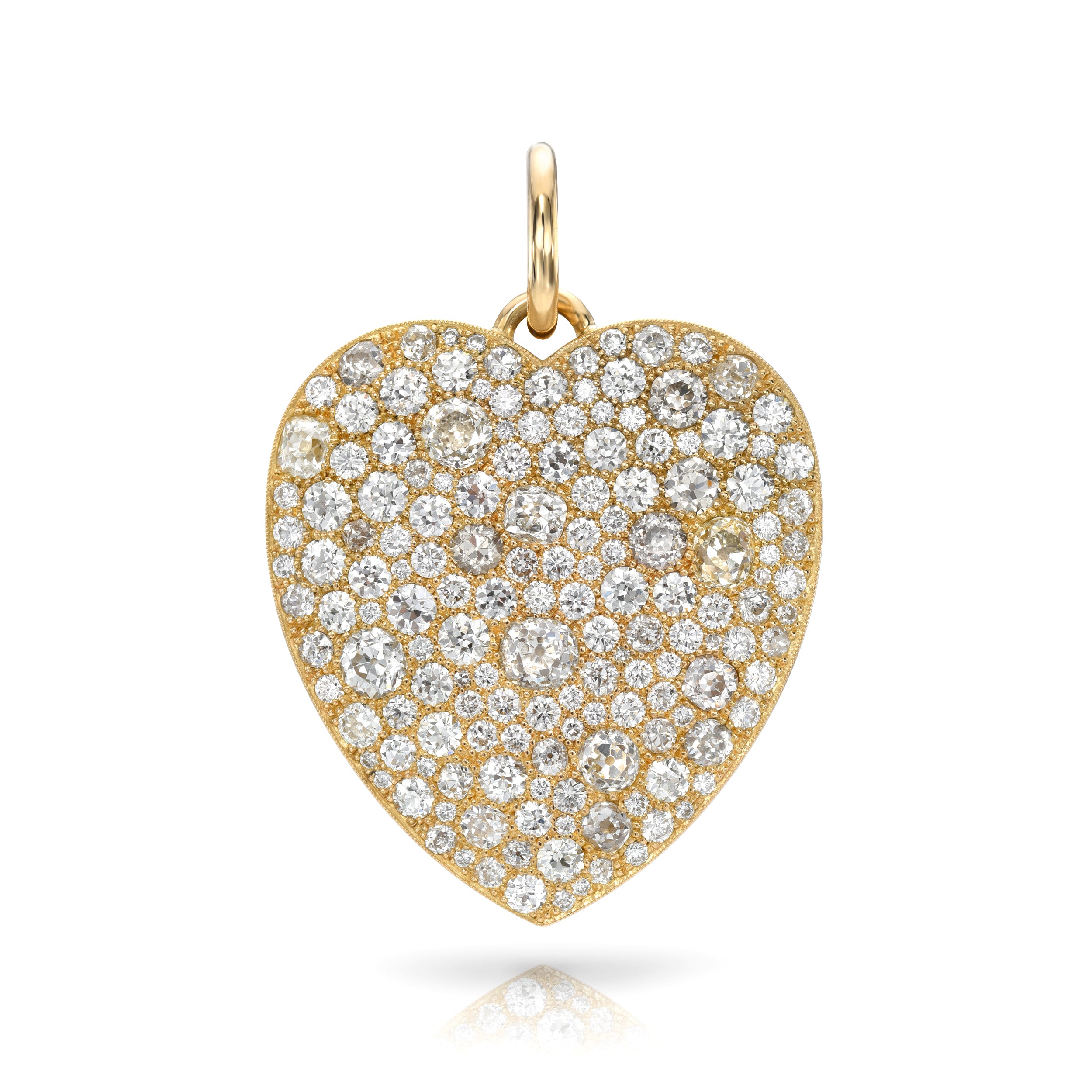 SINGLE STONE EXTRA LARGE COBBLESTONE HEART PENDANT featuring 9.94ctw varying old cut and round brilliant cut diamonds set in a handcrafted 18K yellow gold heart shaped pendant.