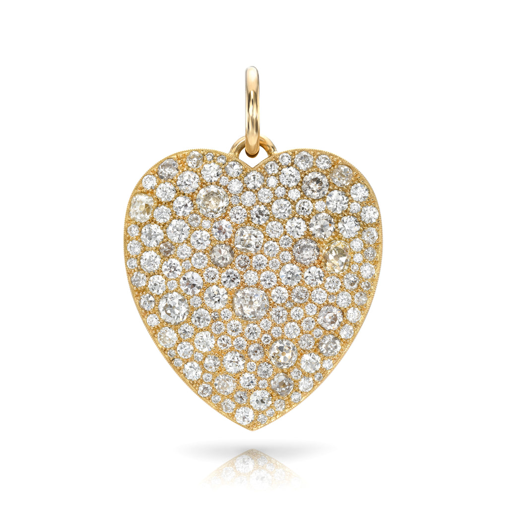 Single Stone's EXTRA LARGE COBBLESTONE HEART pendant  featuring 9.94ctw varying old cut and round brilliant cut diamonds set in a handcrafted 18K yellow gold heart shaped pendant.
