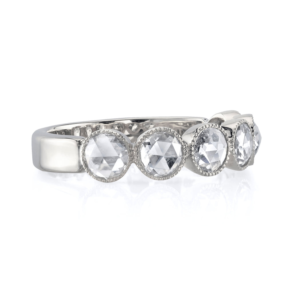 Single Stone's LARGE ROSE CUT GABBY HALF BAND band  featuring Approximately 0.90ctw rose cut diamonds bezel set in a handcrafted half-eternity band.  Approximate band width 4.8mm. Please inquire for additional customization. 
