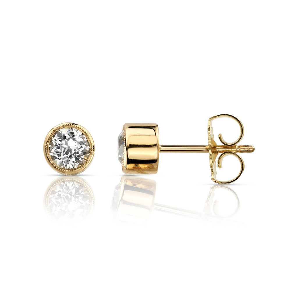 Single Stone's GABBY STUDS earrings  featuring 0.72ctw I/VS2-SI1 old mine cut diamonds bezel set in handcrafted 18K yellow gold stud earrings.
