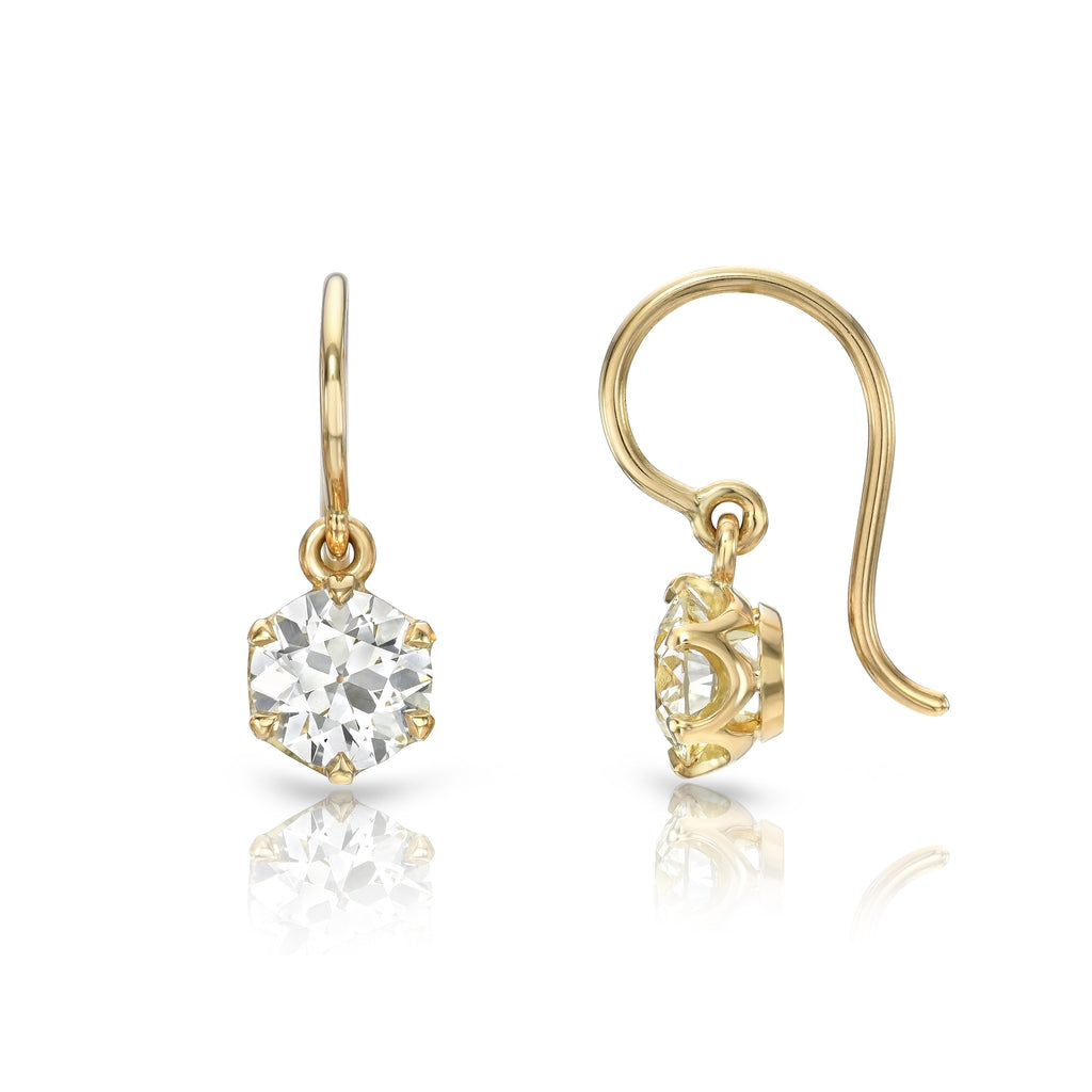 Single Stone's GIA DROPS earrings  featuring 1.68ctw I-J/VS2 GIA certified old European cut diamonds prong set in handcrafted 18K yellow gold drop earrings. 
