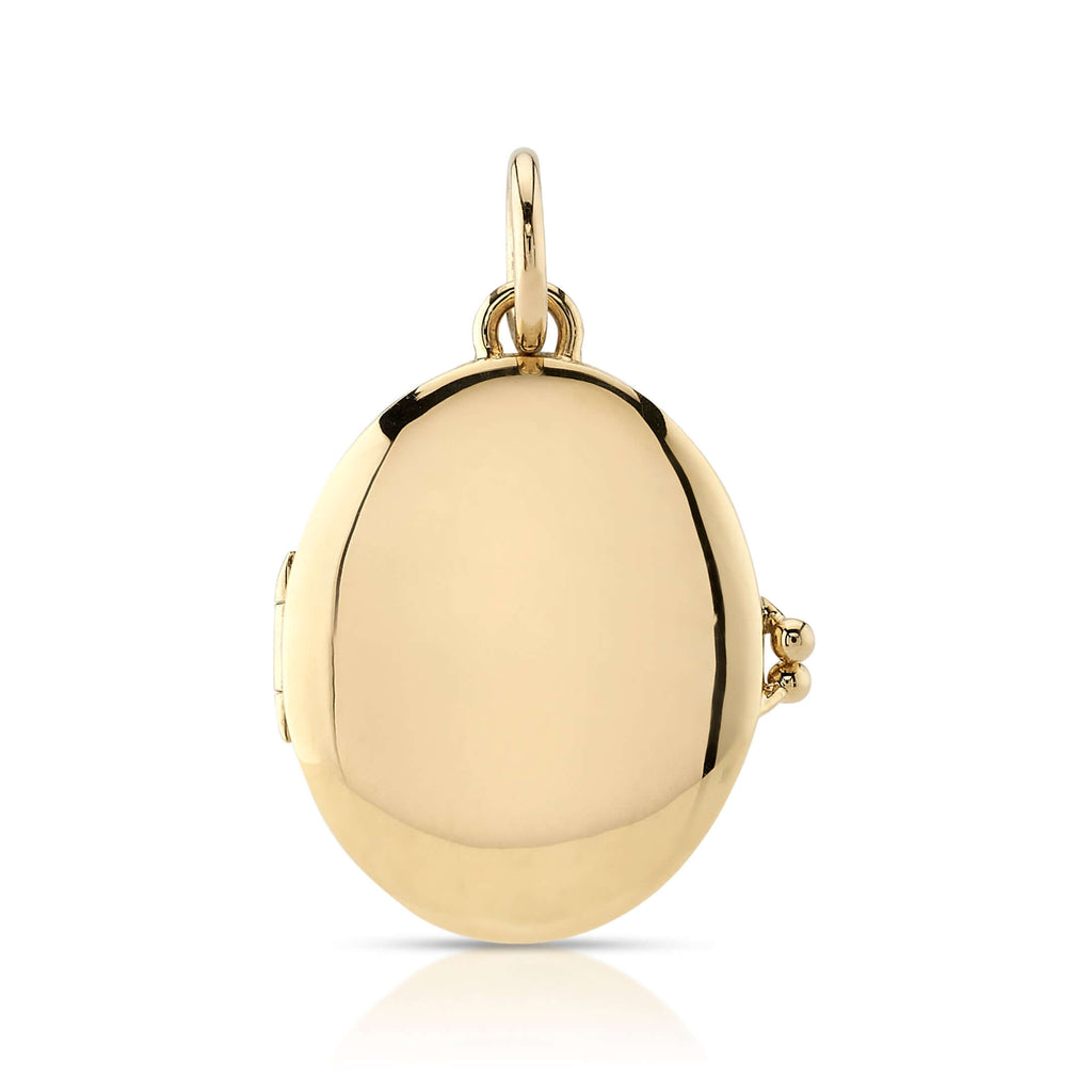 SINGLE STONE HARMONY LOCKET PENDANT featuring Handcrafted 18K yellow gold clasp and hinge locket - measures 34mm x 27mm. Locket can be monogrammed or engraved. Contact us for additional inquiries or customization. Price does not include chain.