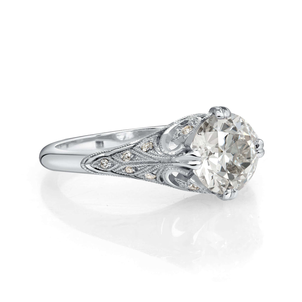 Single Stone's ITZELA ring  featuring 1.35ct J/VS1 GIA certified old European cut diamond with 0.10ctw old European cut accent diamonds set in a handcrafted platinum mounting.
