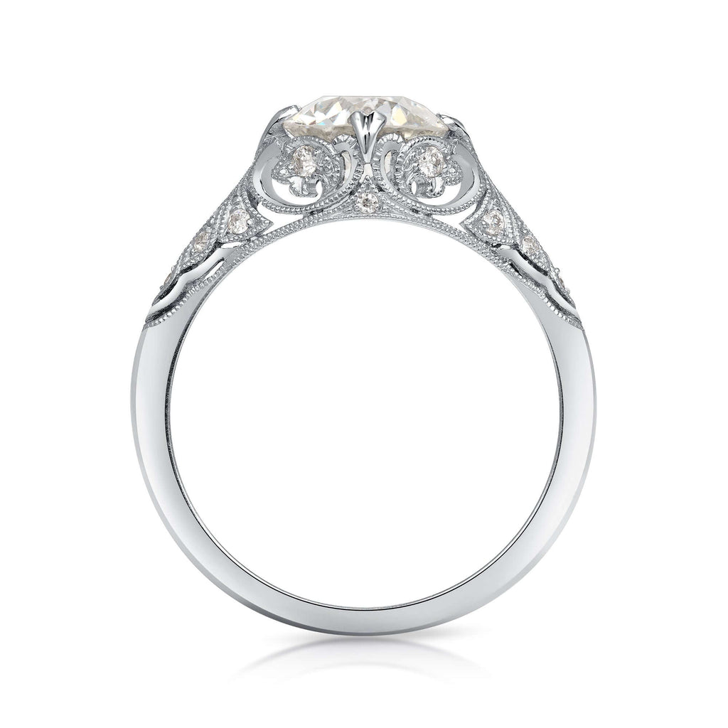 Single Stone's ITZELA ring  featuring 1.35ct J/VS1 GIA certified old European cut diamond with 0.10ctw old European cut accent diamonds set in a handcrafted platinum mounting. 
