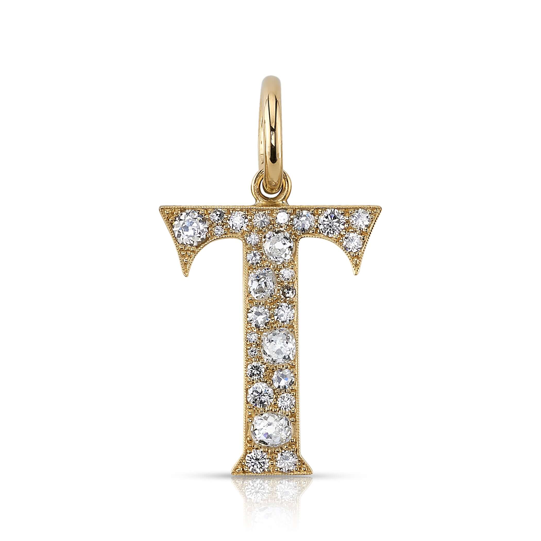 SINGLE STONE LARGE COBBLESTONE LETTERS PENDANT featuring Approximately 0.95ctw-2.75ctw varying old cut and round brilliant cut diamonds set in a handcrafted 18K yellow gold letter pendant. Letters are approximately 1" tall. Available in an oxidized or pol