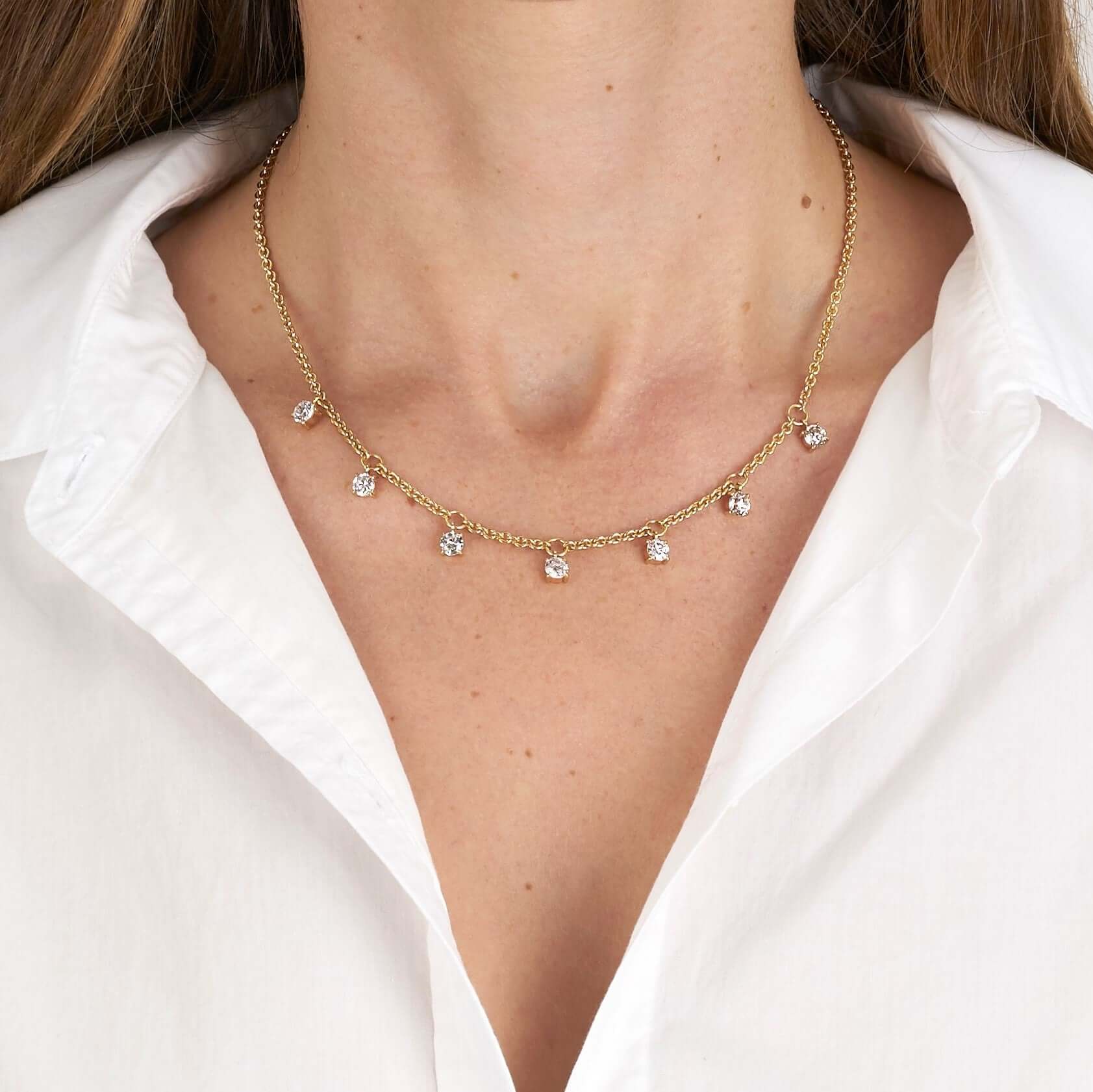 SINGLE STONE JAYLEN NECKLACE featuring Approximately 2.75ctw I-K/VS2-SI2 old European cut diamonds prong set on a handcrafted 17" 18K yellow gold chain.