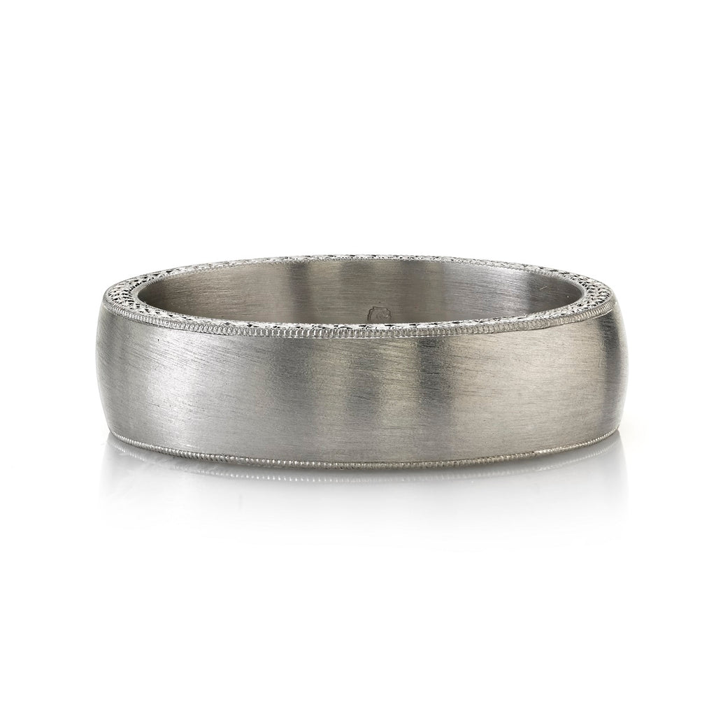 Single Stone's JOSEPH ENGRAVED 6MM band  featuring 6mm handcrafted satin finished Men&#39;s band with engraved sidewalls.
