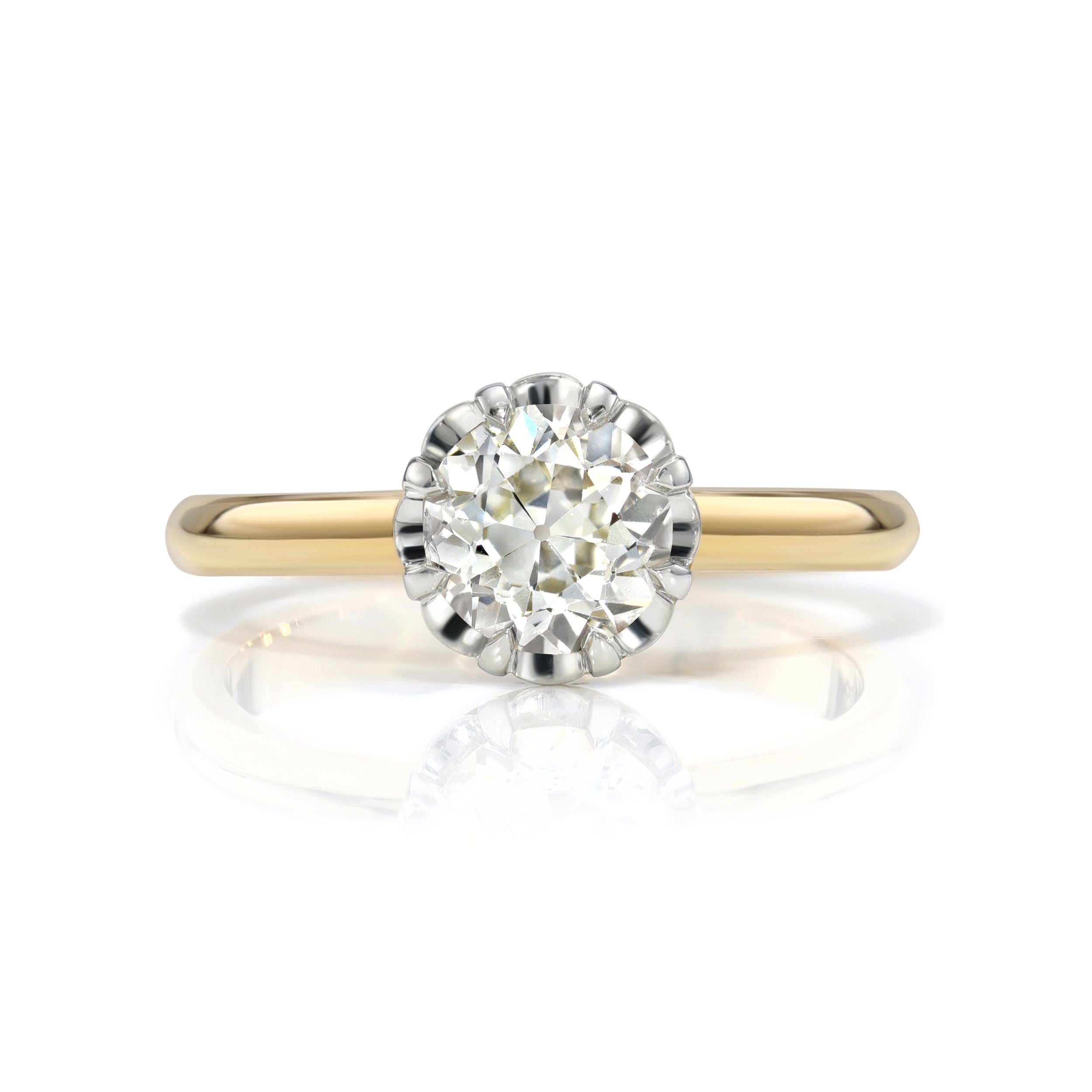 SINGLE STONE JOSILYN RING featuring 1.00ct L/SI2 GIA certified old European cut diamond set in a handcrafted platinum and 18K yellow gold mounting.