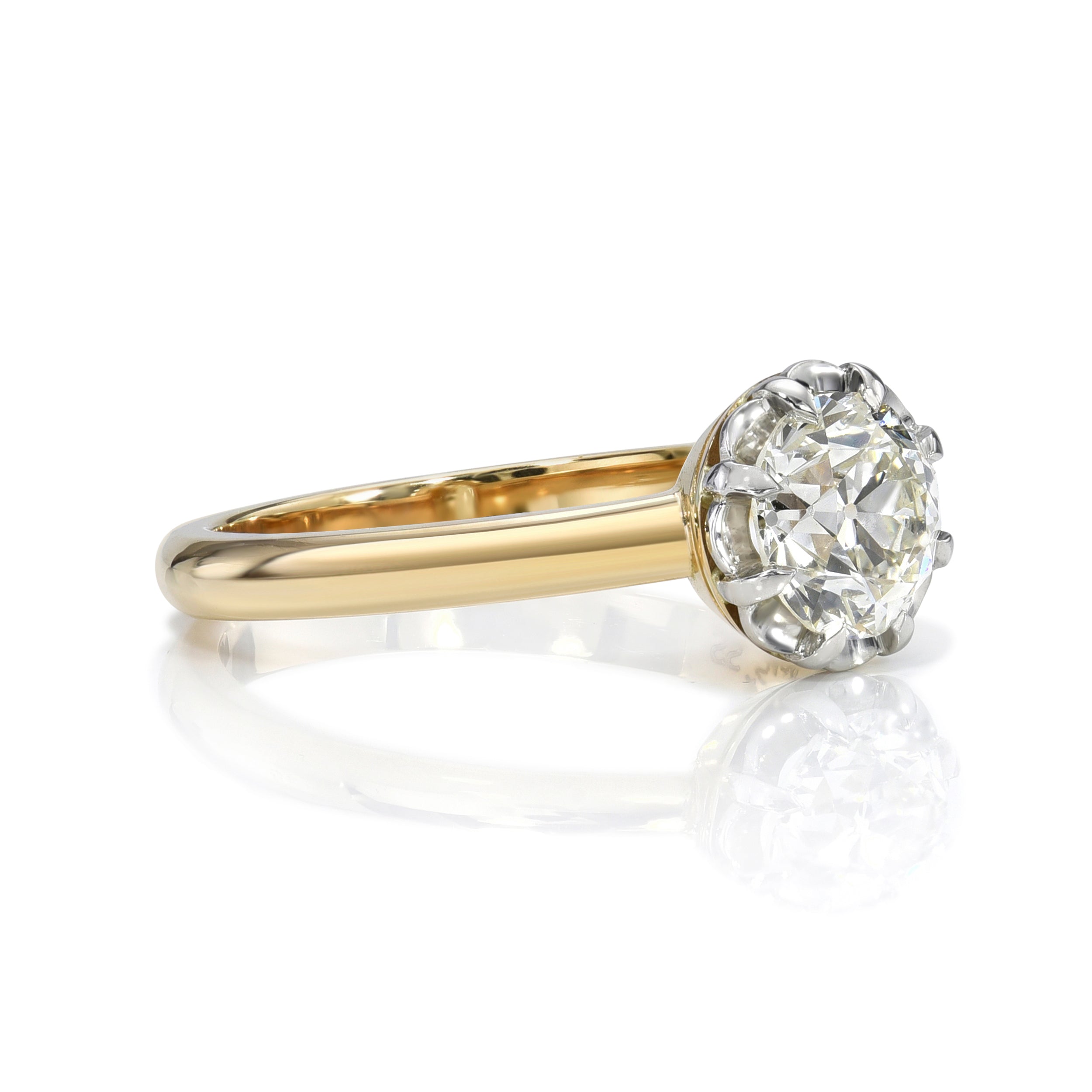 SINGLE STONE JOSILYN RING featuring 1.00ct L/SI2 GIA certified old European cut diamond set in a handcrafted platinum and 18K yellow gold mounting.