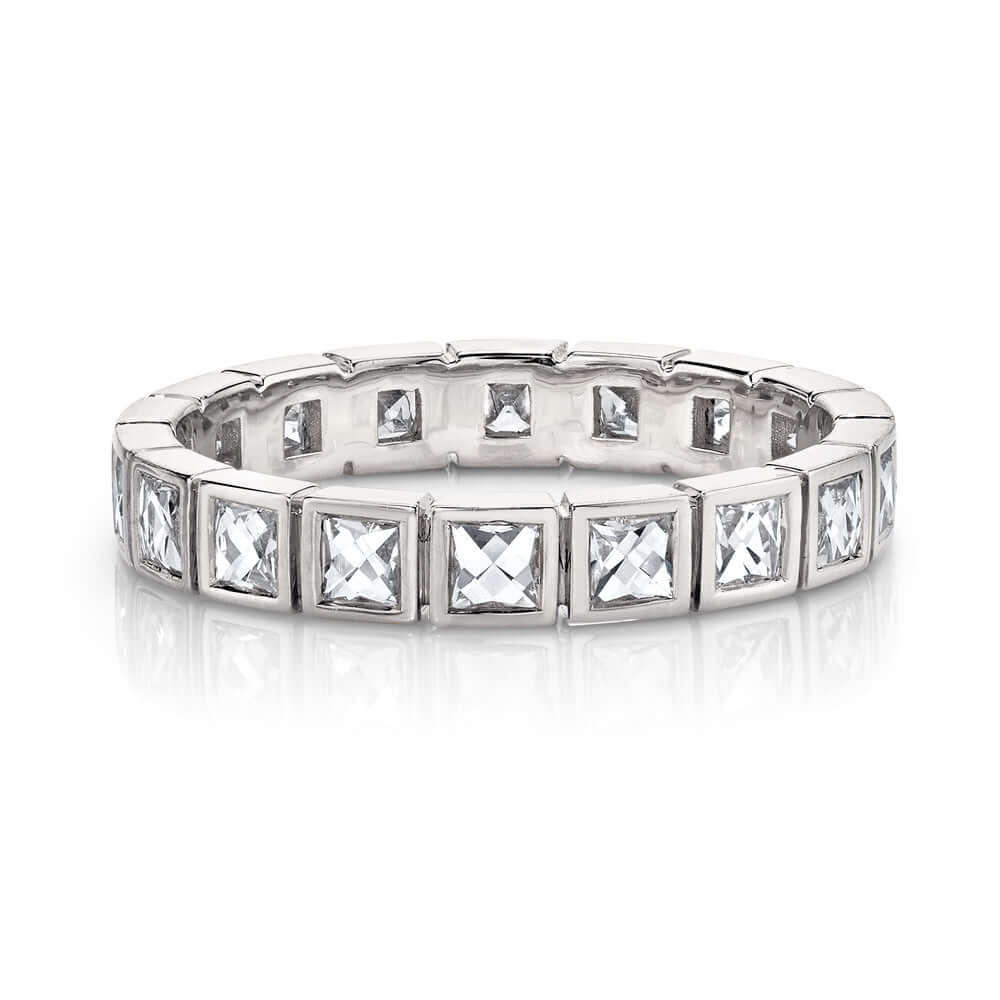 Single Stone's SMALL KARINA band  featuring Approximately 1.00ctw G-H/VS French cut diamonds bezel set in a handcrafted eternity band.  Approximate band width 2mm. Please inquire about additional customization.
