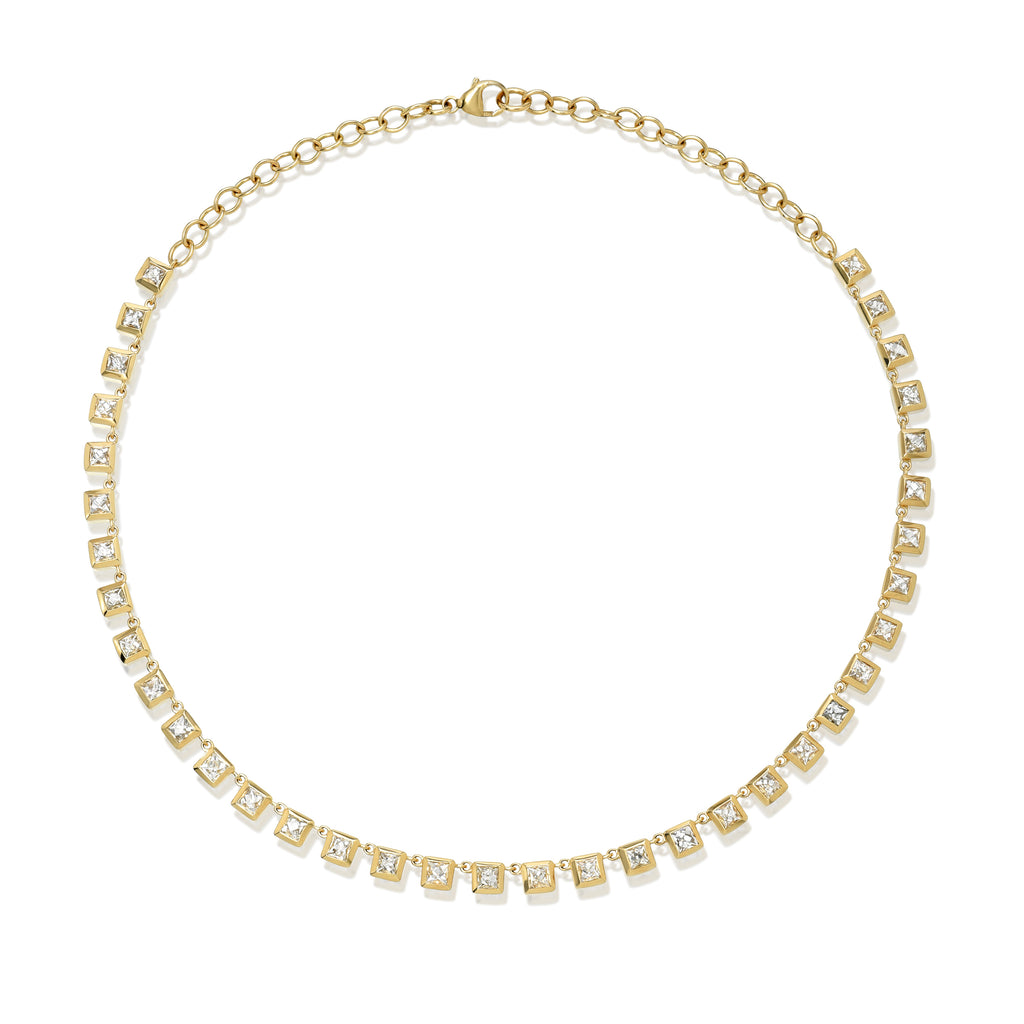 Single Stone's KARINA RIVIERA NECKLACE  featuring 15.34ctw H-I/VS-SI square French cut diamonds bezel set in a handcrafted 18K yellow gold necklace.
