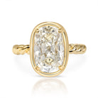 SINGLE STONE LARA RING featuring 5.09ct S-T/VS1 GIA certified antique Cushion cut diamond bezel set in a handcrafted 18K yellow gold mounting.
