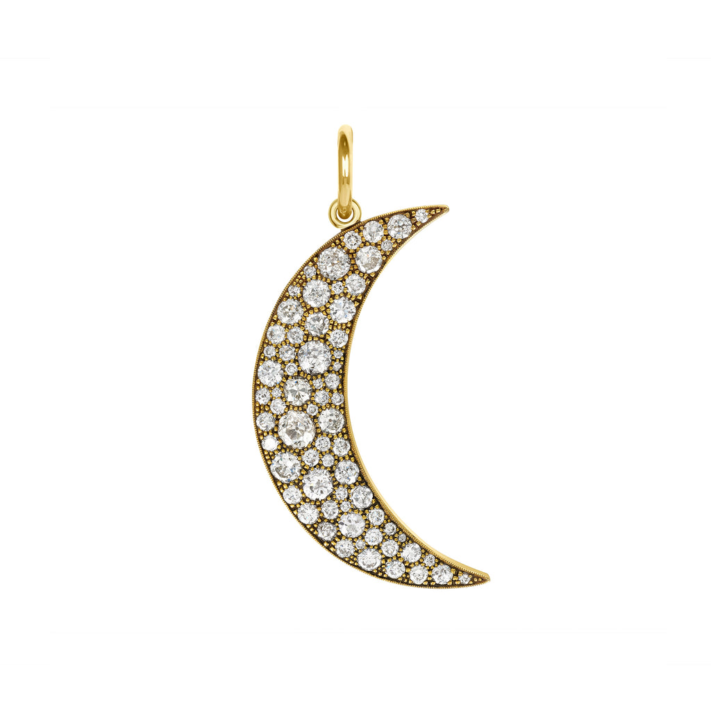 Single Stone's LARGE COBBLESTONE CRESSIDA pendant  featuring Approximately 4.20ctw varying old cut and round brilliant cut diamonds set in a handcrafted 18K yellow gold crescent moon-shaped pendant. Available in an oxidized or polished finish.
