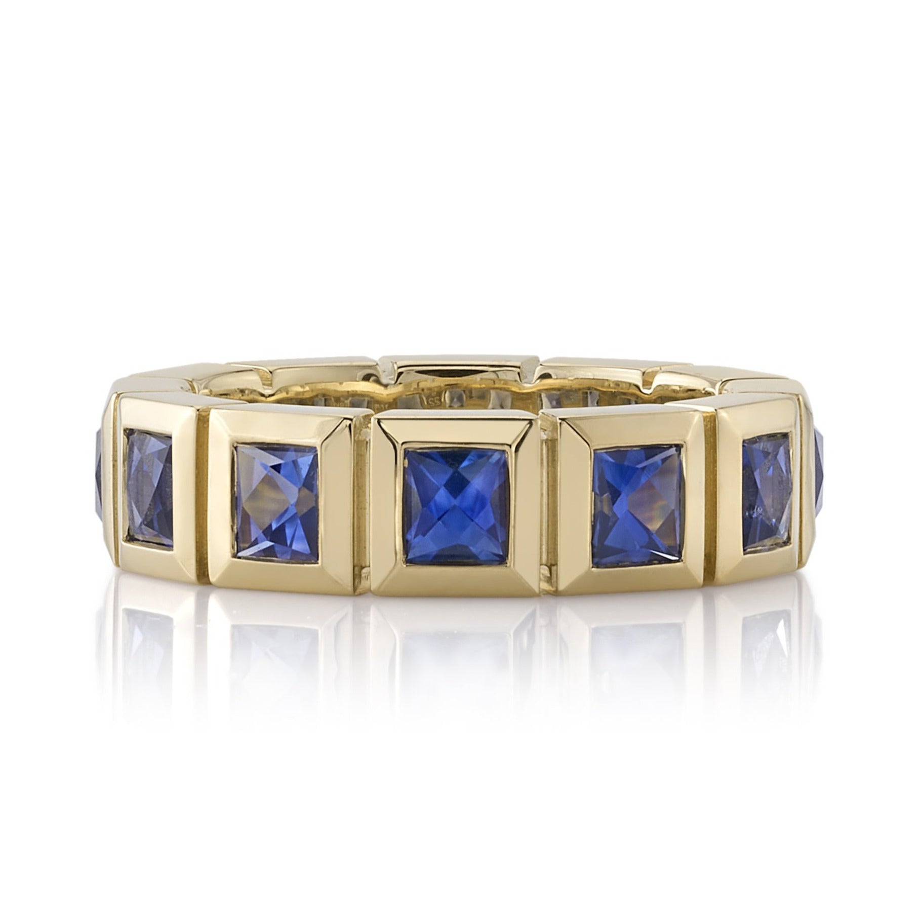 SINGLE STONE LARGE KARINA WITH GEMSTONES BAND | Approximately 2.75ctw-3.00ctw square French cut gemstones bezel set in a handcrafted 18K yellow gold eternity band. Available with rubies, sapphires or emeralds. Approximate band width 5.5mm. Please inquire