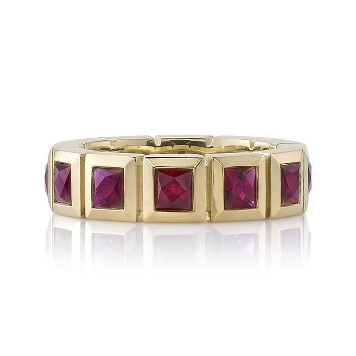 SINGLE STONE LARGE KARINA WITH GEMSTONES BAND | Approximately 2.75ctw-3.00ctw square French cut gemstones bezel set in a handcrafted 18K yellow gold eternity band. Available with rubies, sapphires or emeralds. Approximate band width 5.5mm. Please inquire