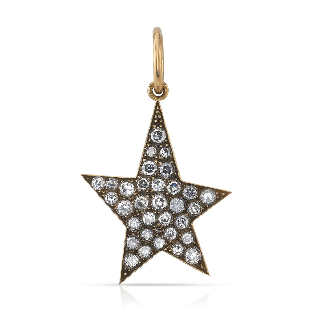 Single Stone's LARGE PAVÉ KINSLEY pendant  featuring Approximately 4.00ctw G-H/VS-SI old European cut diamonds pavé set in a handcrafted asymmetrical 18K yellow gold star charm. Available in an oxidized or polished finish. Charm measures 30mm x 40mm.  Price does not include chain.
