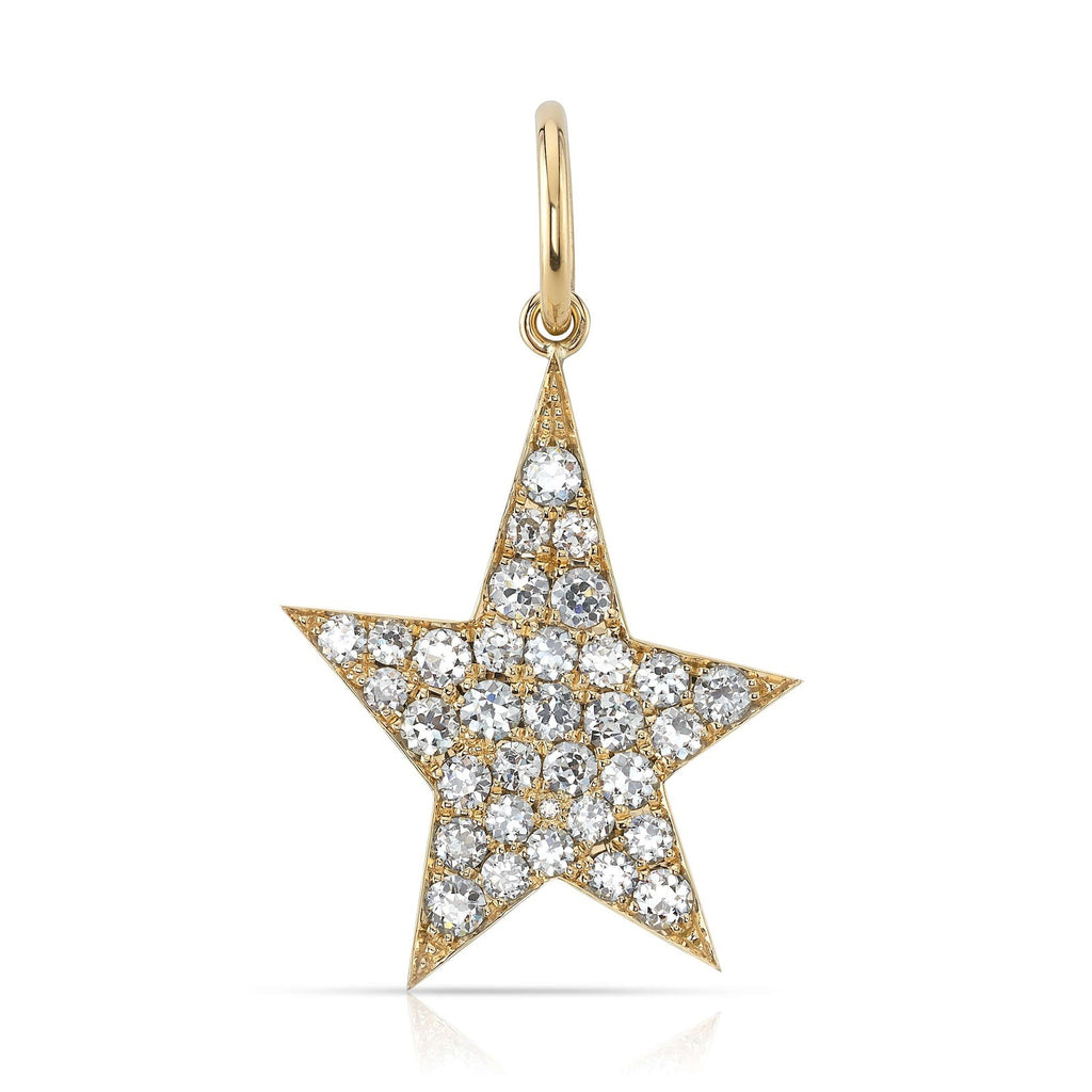 SINGLE STONE LARGE PAVE KINSLEY PENDANT featuring Approximately 4.00ctw G-H/VS-SI old European cut diamonds pave set in a handcrafted asymmetrical 18K yellow gold star charm. Available in an oxidized or polished finish. Charm measures 30mm x 40mm. Price d