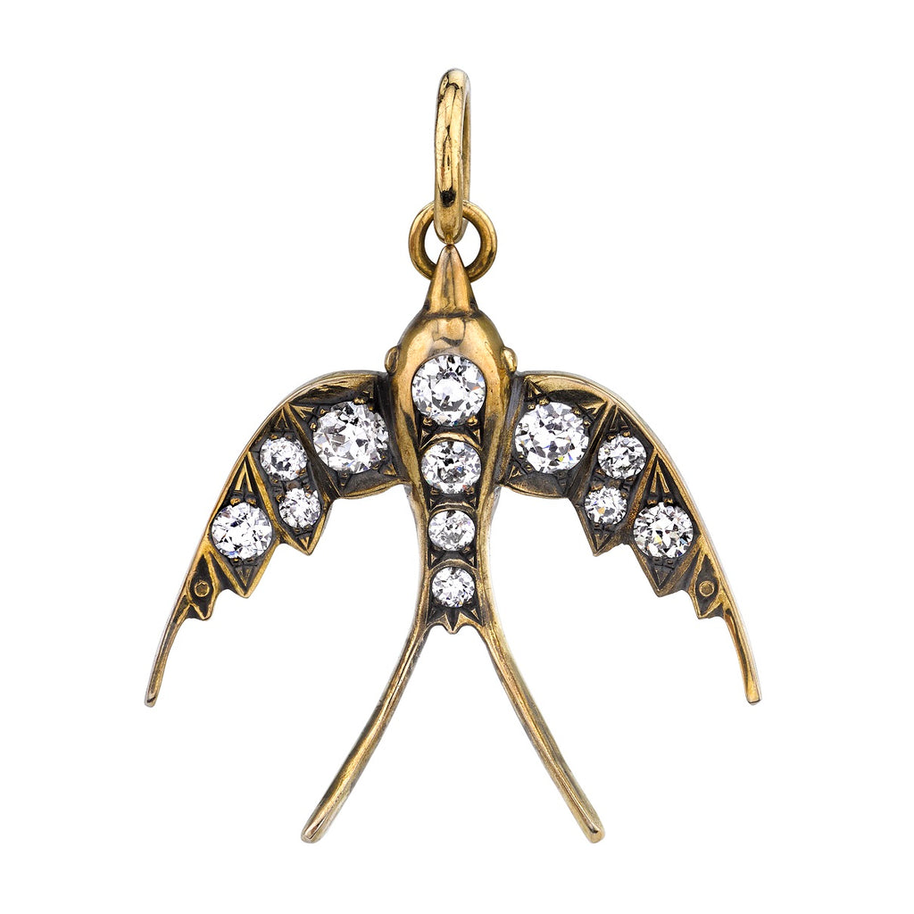 Single Stone's LARGE SWALLOW PENDANT pendant  featuring Approximately 0.90ctw G-H/VS old European cut diamonds set in a handcrafted, polished 18K yellow gold swallow pendant. Available in an oxidized or polished finish. Price does not include chain or other charms 

