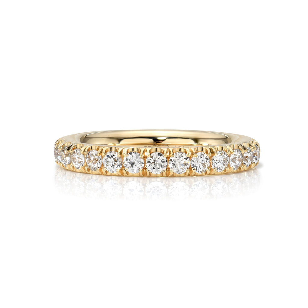 Single Stone's LEDA ETERNITY band  featuring Approximately 1.30ctw G-H/VS old European cut diamonds prong set in a handcrafted 3mm 18K yellow gold eternity band.

