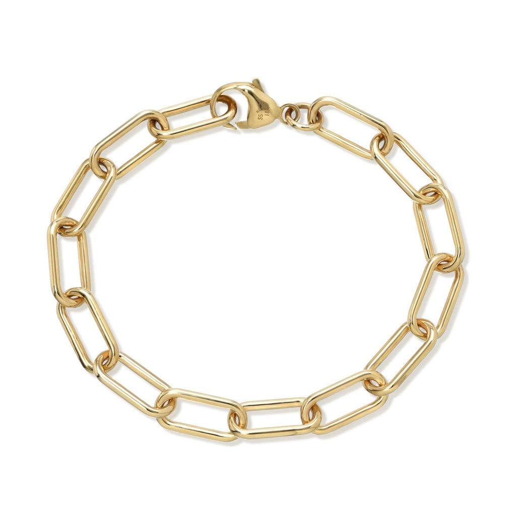 
Single Stone's Libby bracelet pendant  featuring Handcrafted 18K yellow gold paper clip link bracelet.
Bracelet measures 7.5".
