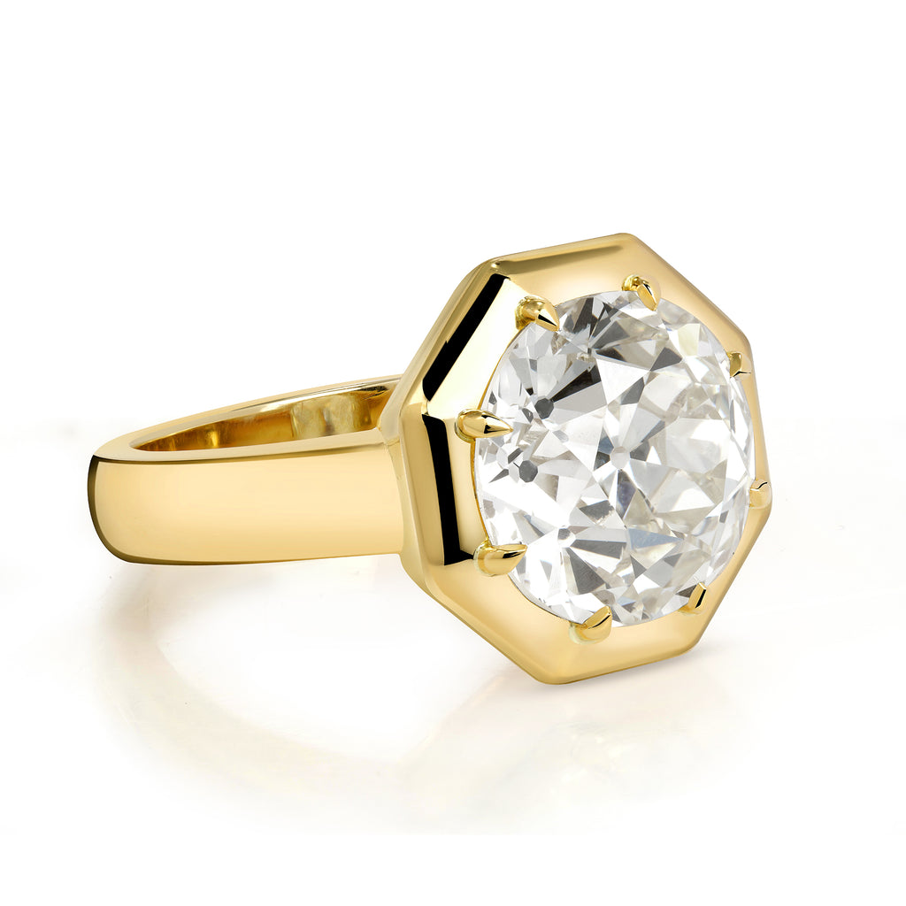 Single Stone's LOLA ring  featuring 5.02ct M/VS1 GIA certified old European cut diamond prong set in a handcrafted 18K yellow gold mounting.
