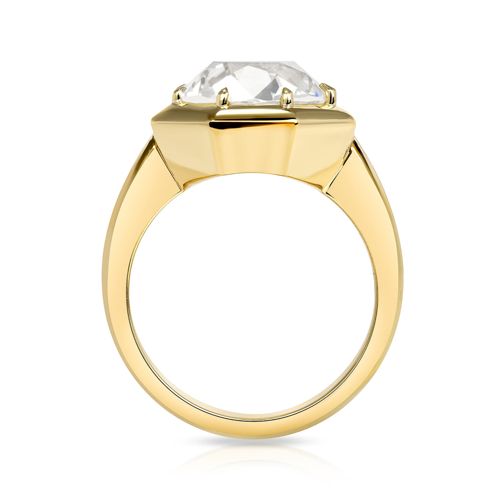 Single Stone's LOLA ring  featuring 5.02ct M/VS1 GIA certified old European cut diamond prong set in a handcrafted 18K yellow gold mounting.
