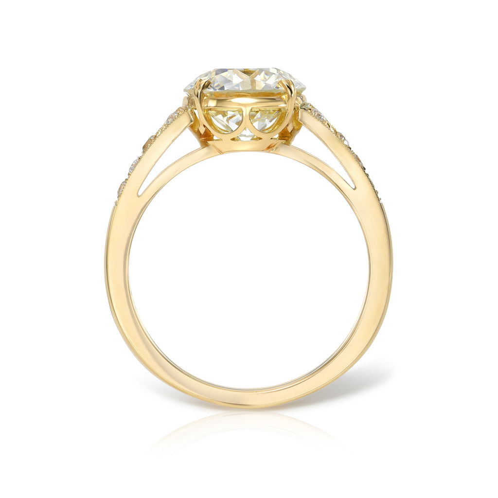 Single Stone's LORRAINE ring  featuring 2.37ct K/VVS2 GIA certified old European cut diamond with 0.09ctw old European cut accent diamonds prong set in a handcrafted 18K yellow gold mounting.
