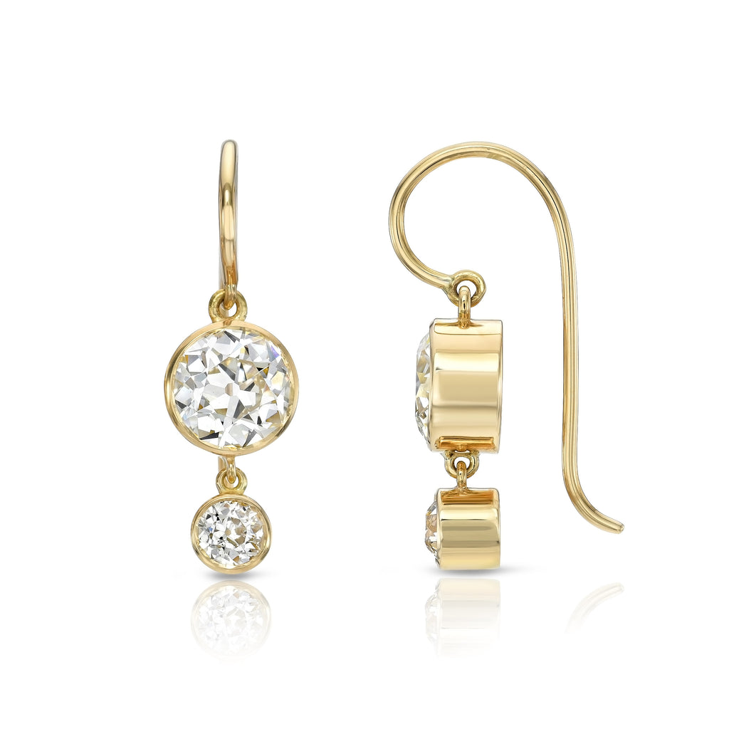 Single Stone's PALOMA DOUBLE DROPS  featuring 2.47ctw J-K/VS1-SI2 old European cut diamonds bezel set in handcrafted 18K yellow gold drop earrings.   
