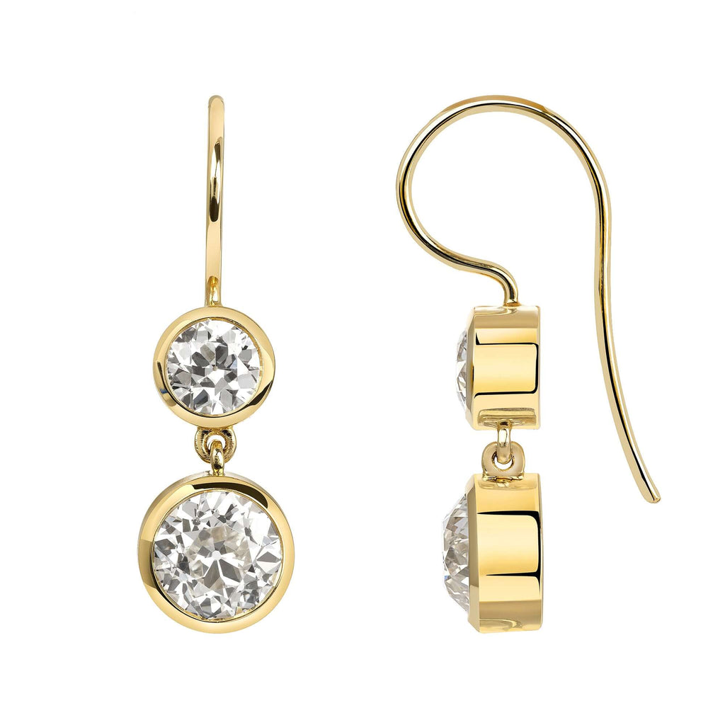 Single Stone's LUCIA DOUBLE DROPS  featuring 3.53ctw J/VS1-VS2 old European cut diamonds bezel set in handcrafted 18K yellow gold drop earrings.   
