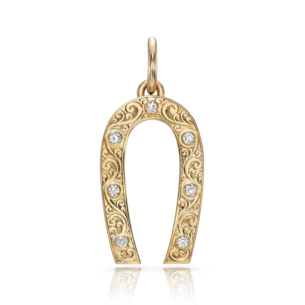 Single Stone's SMALL MARILYN pendant  featuring Approximately 0.25ctw G-H/VS old European cut diamonds bezel set in a handcrafted, hand-engraved 18K yellow gold horseshoe shaped pendant.

