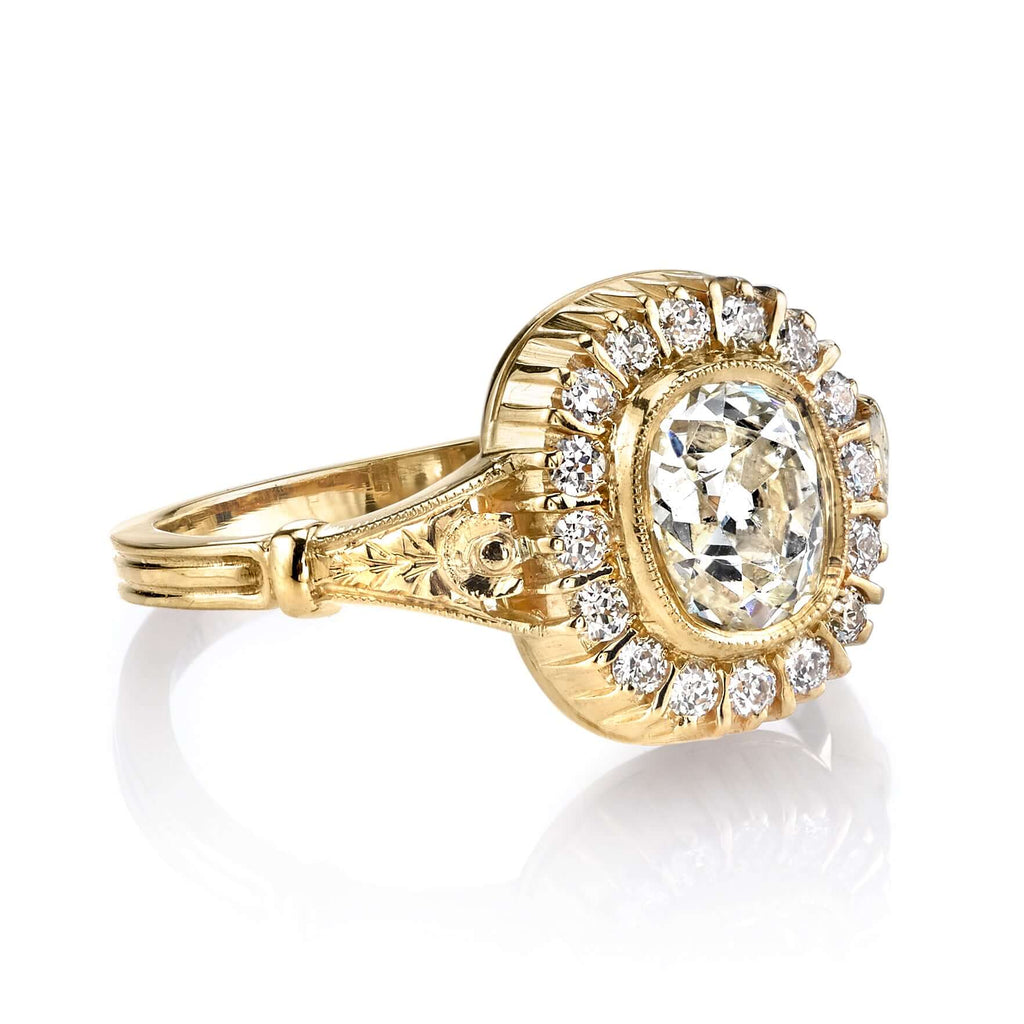 Single Stone's MARTINE ring  featuring 1.06ct N/SI1 GIA certified antique cushion cut diamond with 0.27ctw old European cut accent diamonds set in a handcrafted 18K yellow gold mounting.
