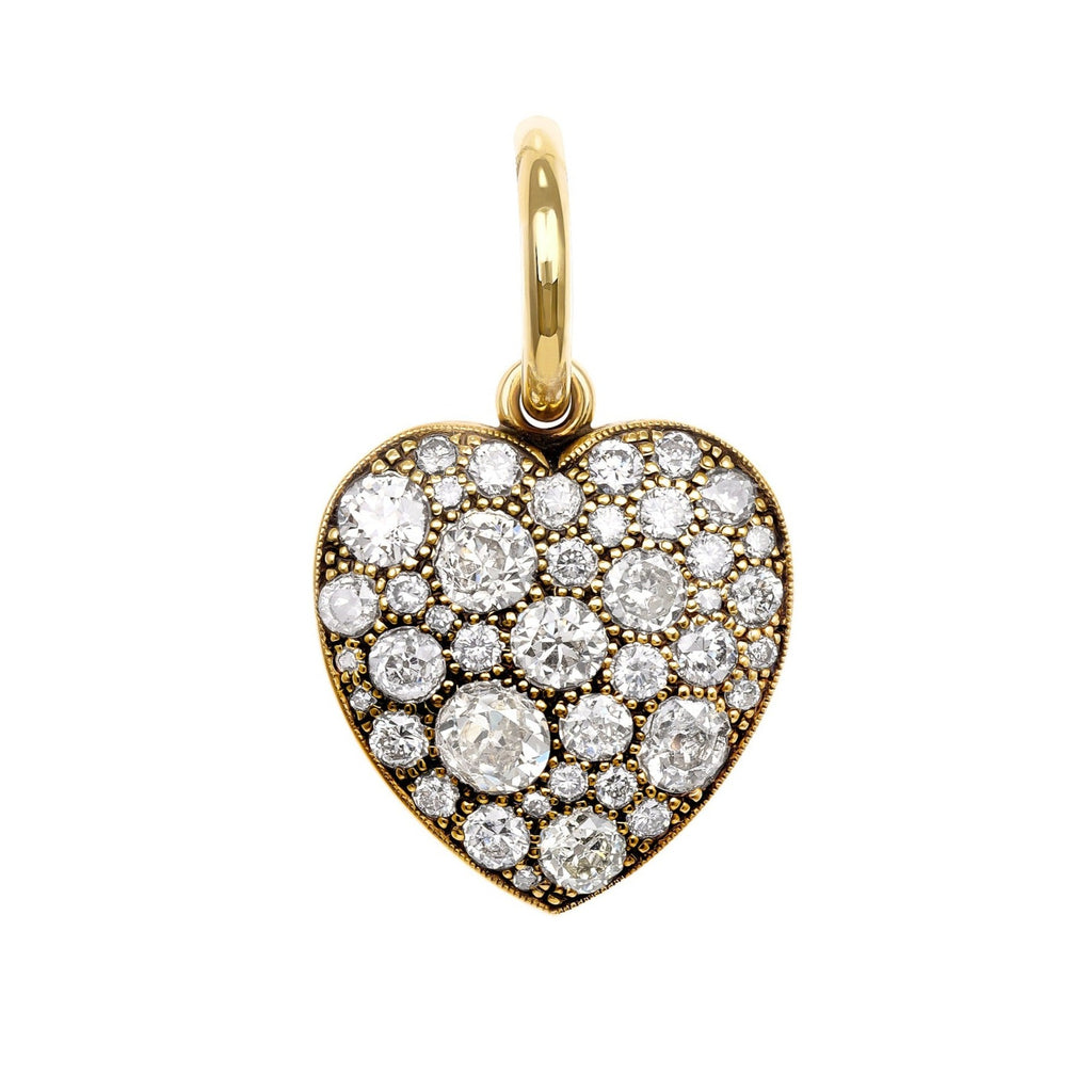 Single Stone's MEDIUM COBBLESTONE HEART pendant  featuring Approximately 2.00ctw various old cut and round brilliant cut diamonds set in a handcrafted 18K yellow gold heart pendant. Charm measures 17mm x 19mm. Price does not include chain. 
