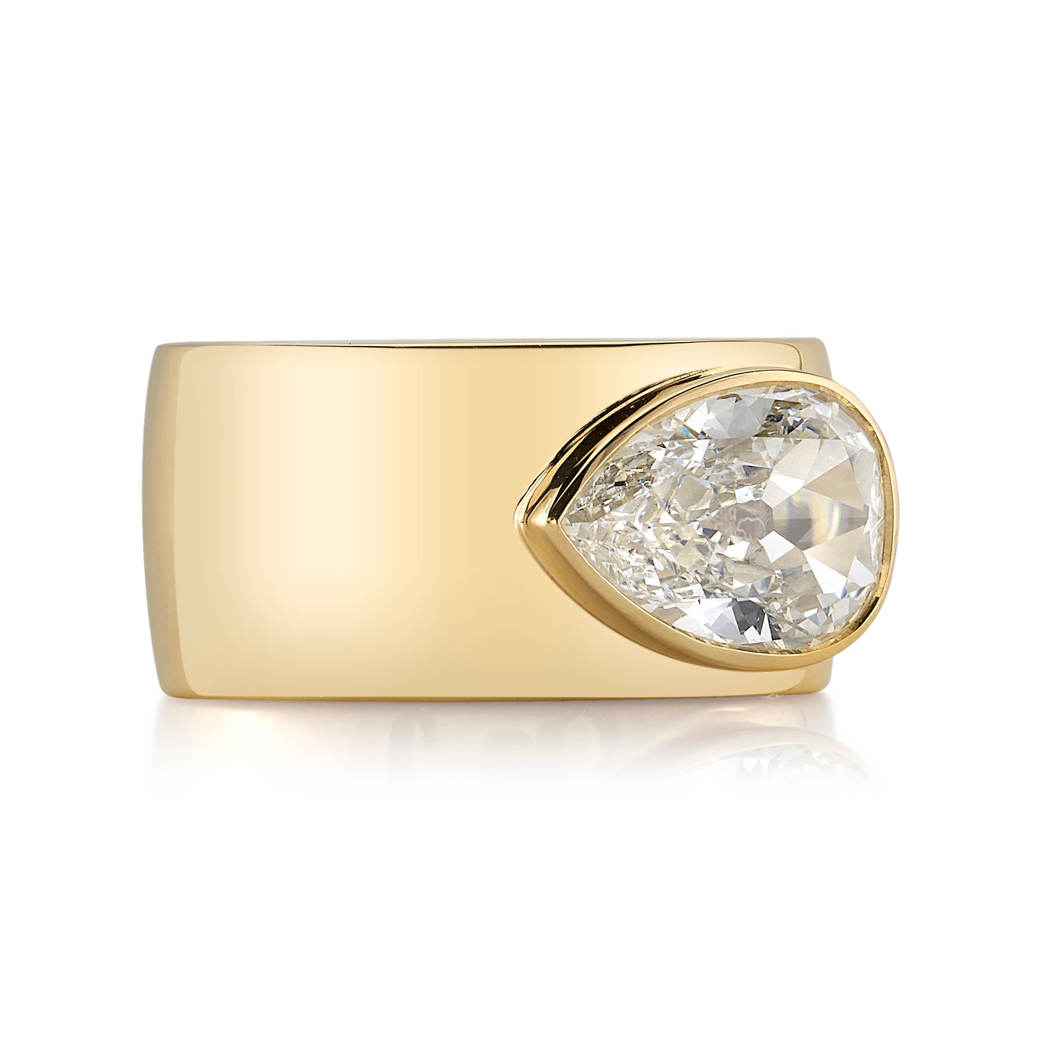 SINGLE STONE MISHA RING featuring 3.02ct L/VS1 GIA certified antique pear shaped diamond set in a handcrafted 18K yellow gold mounting.