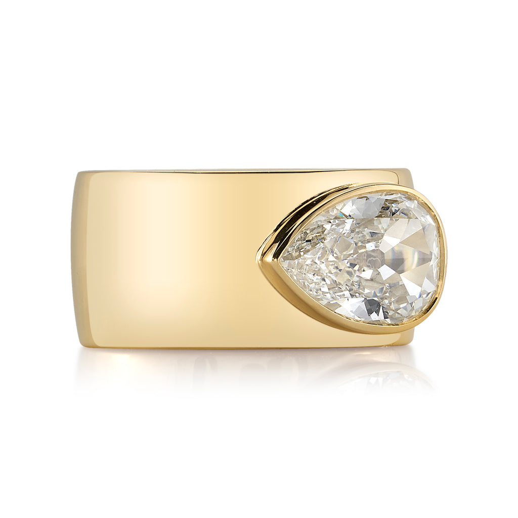 Single Stone's MISHA ring  featuring 3.02ct L/VS1 GIA certified antique pear shaped diamond set in a handcrafted 18K yellow gold mounting.  
