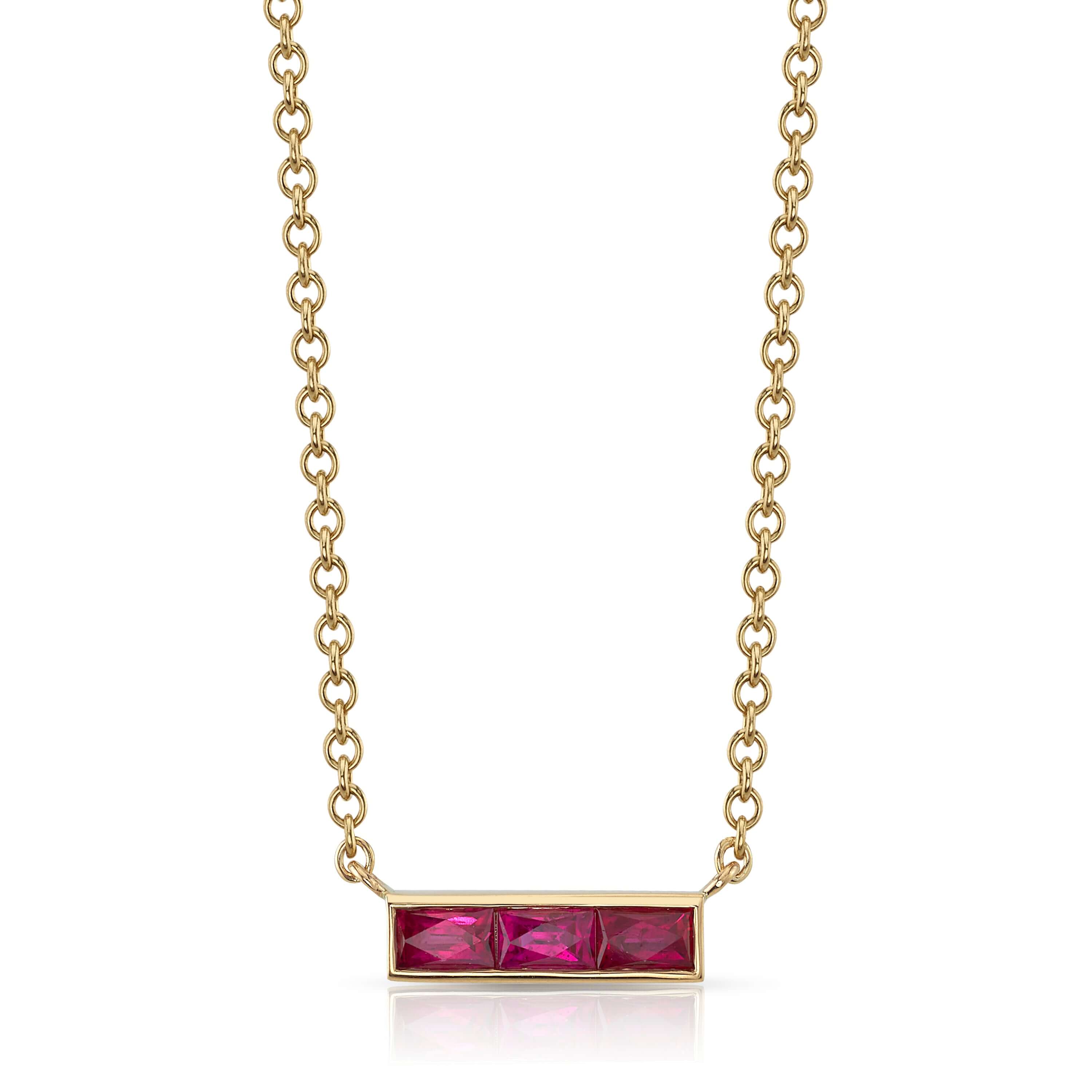 SINGLE STONE MONET NECKLACE WITH GEMSTONES featuring Approximately 0.50ctw French cut rubies or sapphires set in a handcrafted bar pendant. Necklace measures 17".