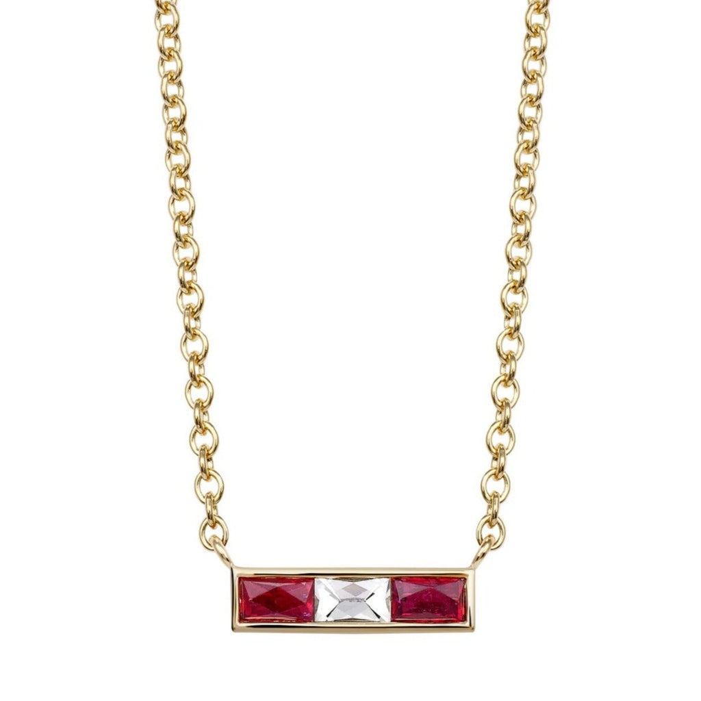 Single Stone's MONET NECKLACE WITH DIAMONDS AND GEMSTONES  featuring Approximately 0.15ct French cut diamonds set between approximately 0.30ctw French cut gemstones bezel set on a handcrafted 18K yellow gold necklace. Necklace measures 17&quot;.
