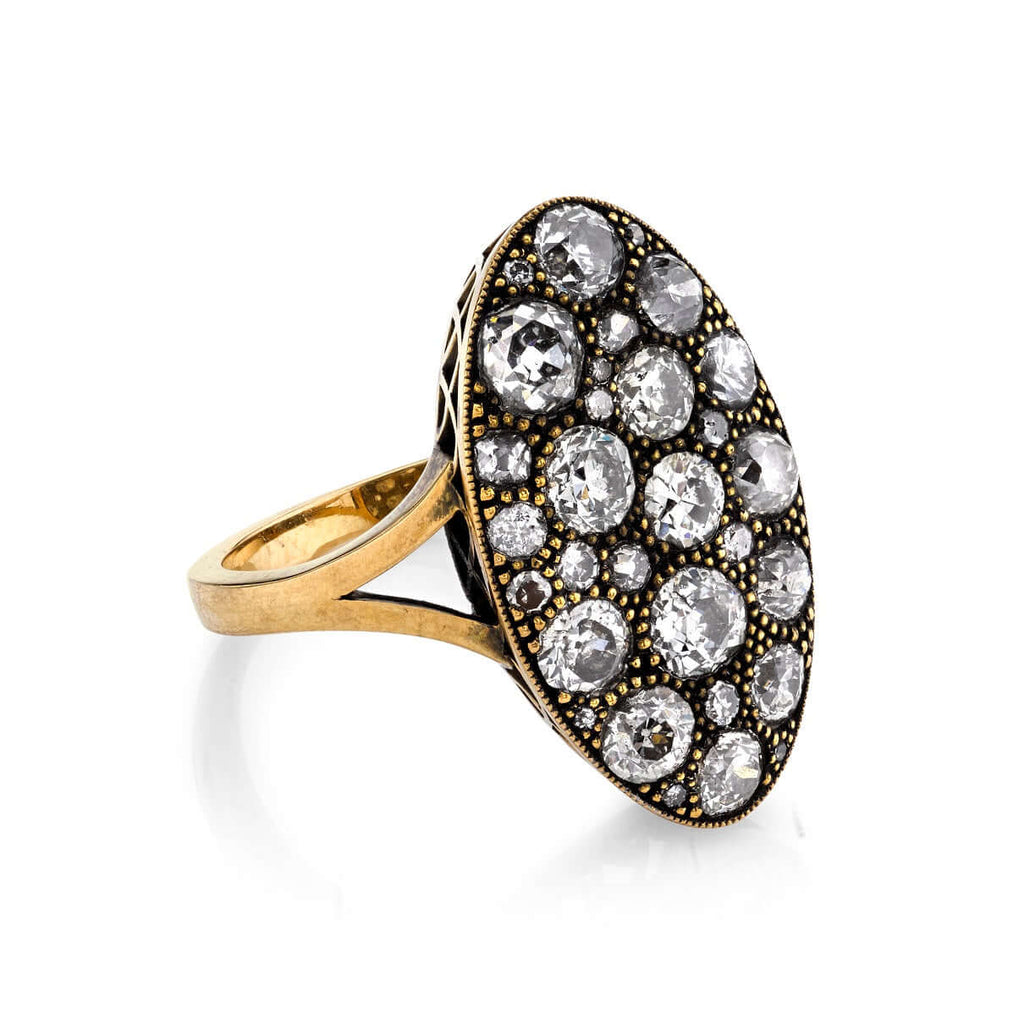 Single Stone's MOVAL COBBLESTONE ring  featuring 2.96ctw old European, antique Old Mine, Round Brilliant, Single and antique Cushion cut diamonds set in a handcrafted oxidized 18K yellow gold mounting.
