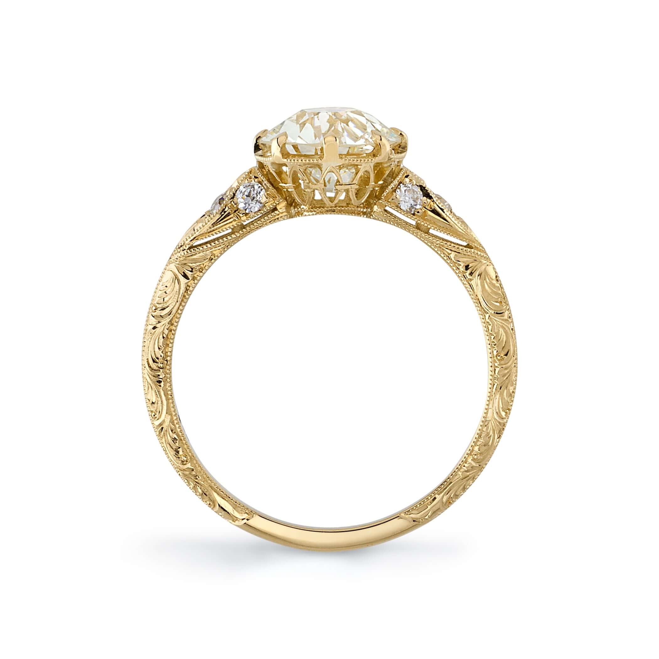 SINGLE STONE NICOLE RING featuring 1.53ct M/VS1 GIA certified old European cut diamond with 0.11ctw old European cut accent diamonds set in a handcrafted 18K yellow gold mounting.