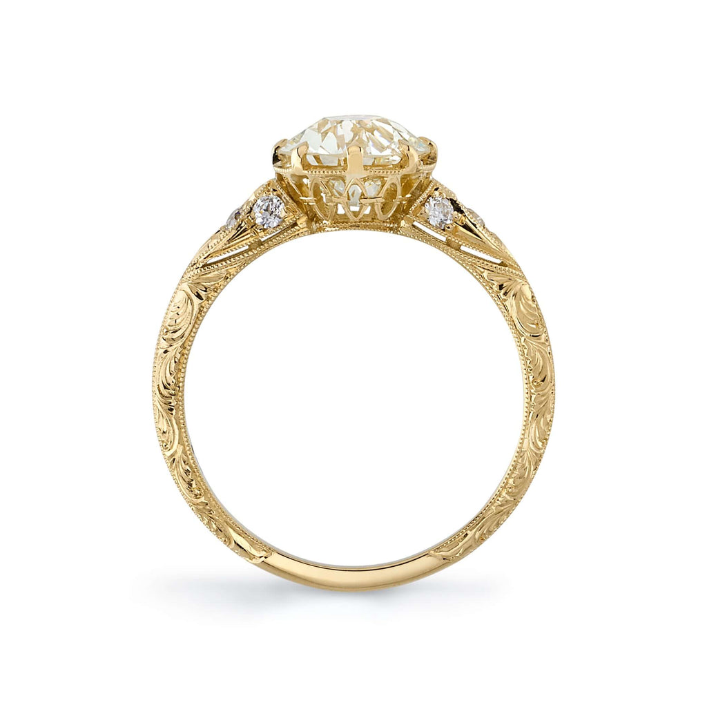 Single Stone's NICOLE ring  featuring 1.53ct M/VS1 GIA certified old European cut diamond with 0.11ctw old European cut accent diamonds set in a handcrafted 18K yellow gold mounting.
