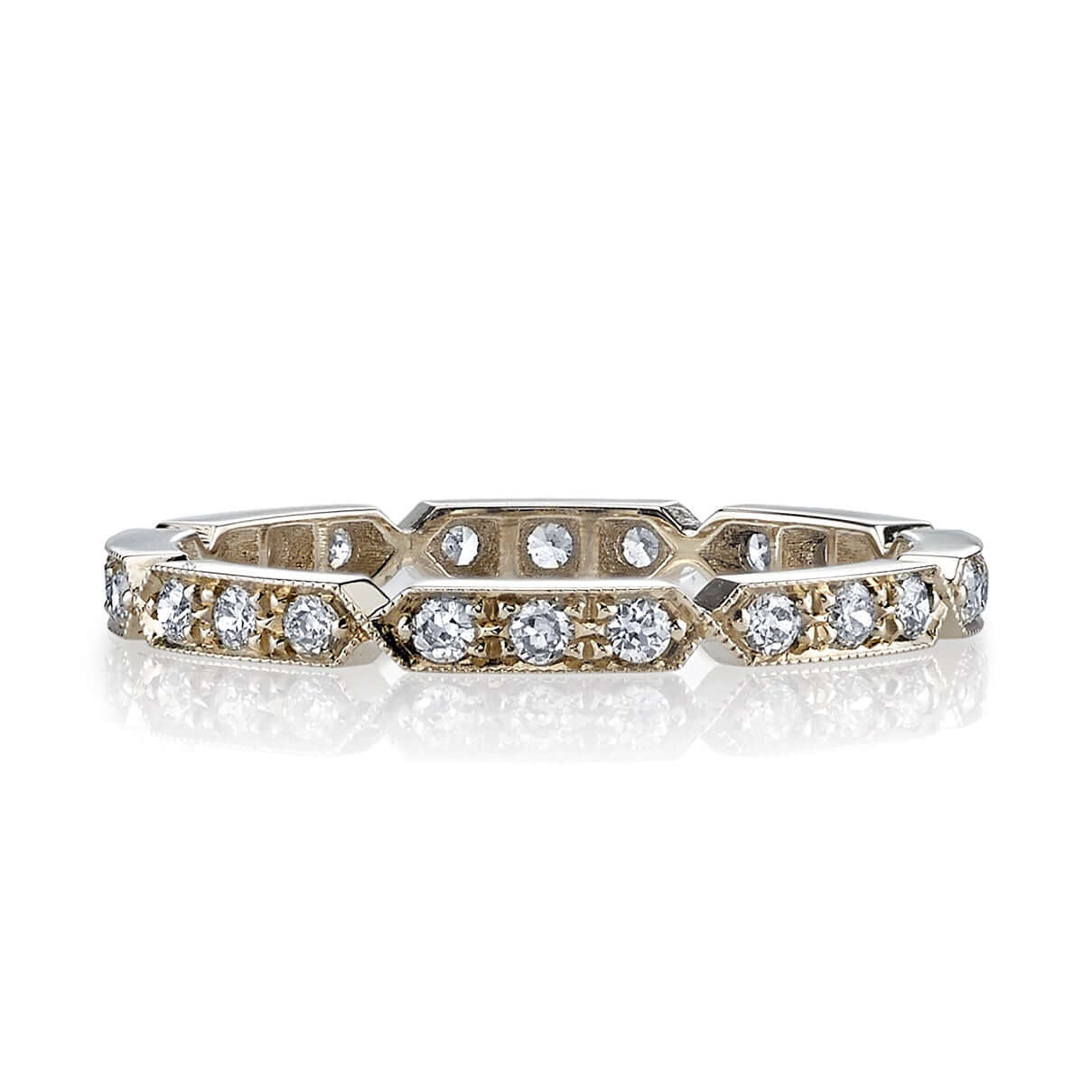 SINGLE STONE CARLY BAND | Approximately 0.30ctw G-H/VS old European cut diamonds prong set in a handcrafted geometric sectional eternity band. Approximate band width 2.1mm. Please inquire for additional customization.