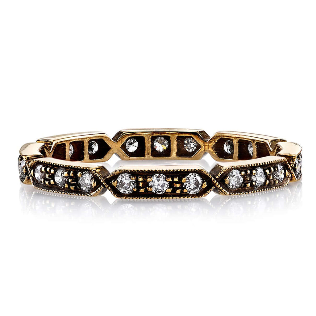Single Stone's CARLY band  featuring Approximately 0.30ctw G-H/VS old European cut diamonds prong set in a handcrafted geometric sectional eternity band. Approximate band width 2.1mm. Please inquire for additional customization. 
