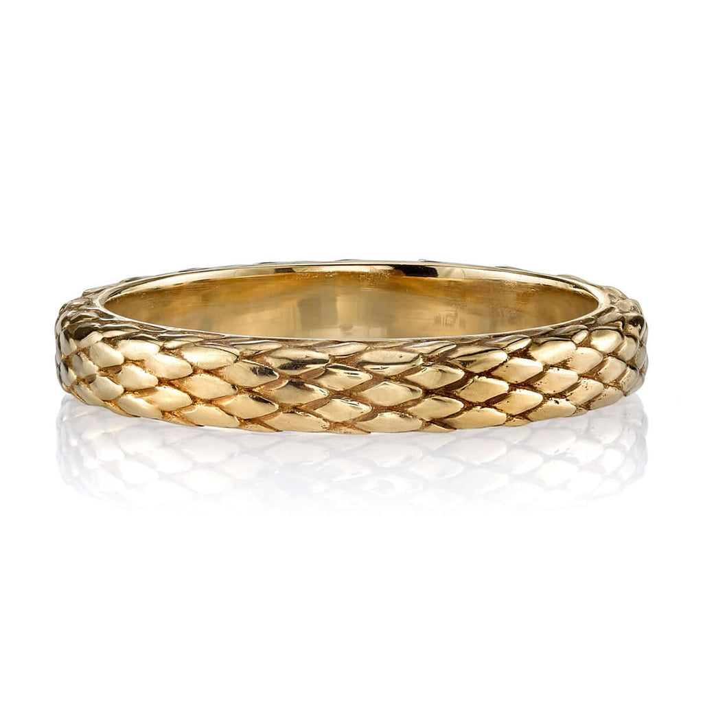 Single Stone's LARGE EDEN band  featuring 3mm handcrafted 18K oxidized yellow gold ladies&#39; snake scale pattern band. Please inquire for additional customization.
