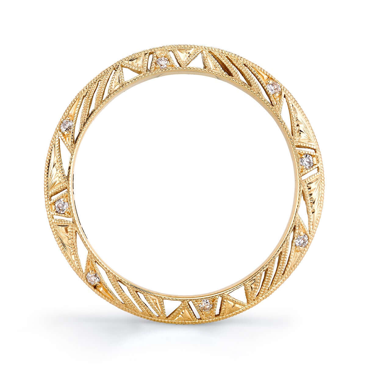 SINGLE STONE PHOENIX BAND | Approximately 0.10ctw G-H/VS old European cut diamonds set in a handcrafted 18K yellow gold eternity band. Available in an oxidized or polished finish. Approximate band with 2.4mm. Please inquire for additional customization.