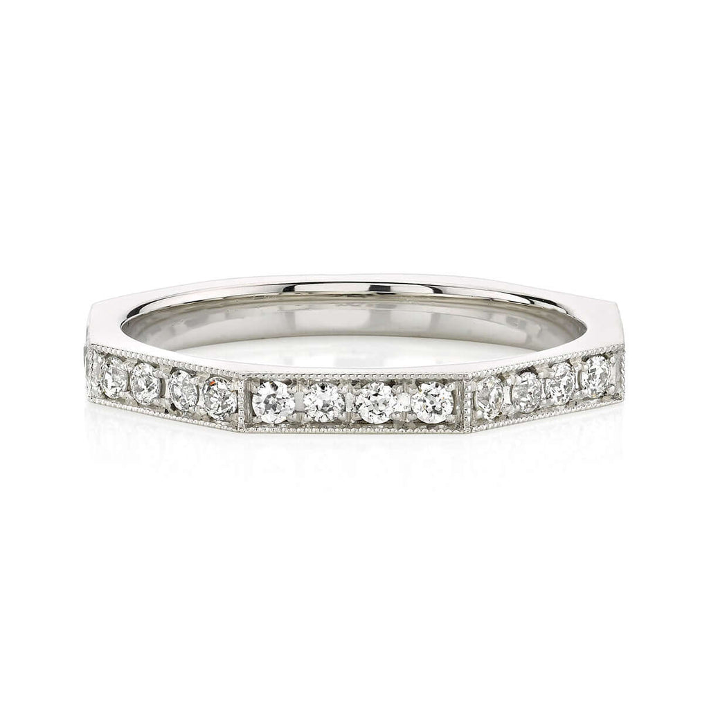 Single Stone's JACQUELINE SMALL PAVÉ band  featuring Approximately 0.65ctw old European cut diamonds pavé set in a handcrafted octagonal sectional band Approximate band with 2.2mm.  Please inquire for additional customization. 

