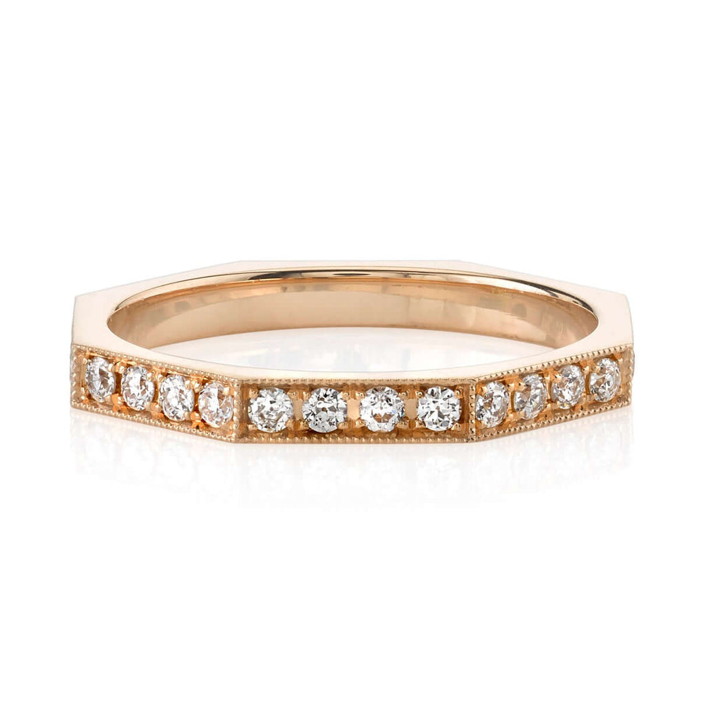 Single Stone's JACQUELINE SMALL PAVÉ band  featuring Approximately 0.65ctw old European cut diamonds pavé set in a handcrafted octagonal sectional band Approximate band with 2.2mm.  Please inquire for additional customization. 
