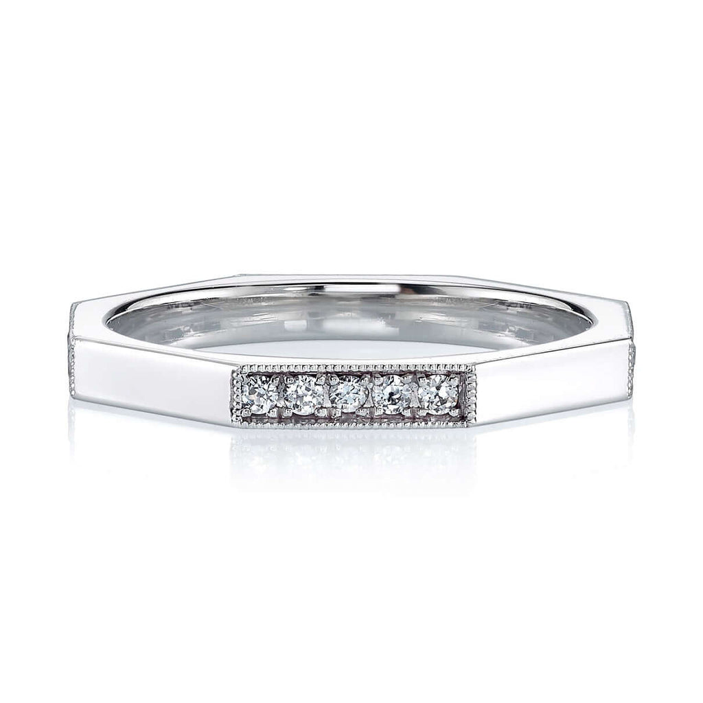 Single Stone's JACQUELINE SMALL HALF PAVÉ band  featuring Approximately 0.20ctw old European cut diamonds prong set in a handcrafted sectional octagonal band.  Approximate band width 2mm.  Please inquire for additional customization. 
