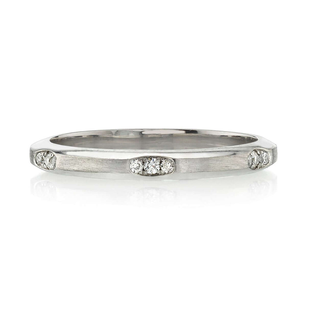 Single Stone's GROVER band  featuring Approximately 0.15ctw G-H/VS old European cut diamonds prong set in a handcrafted satin finish eternity band. Approximate band width 2mm. Please inquire for additional customization.
