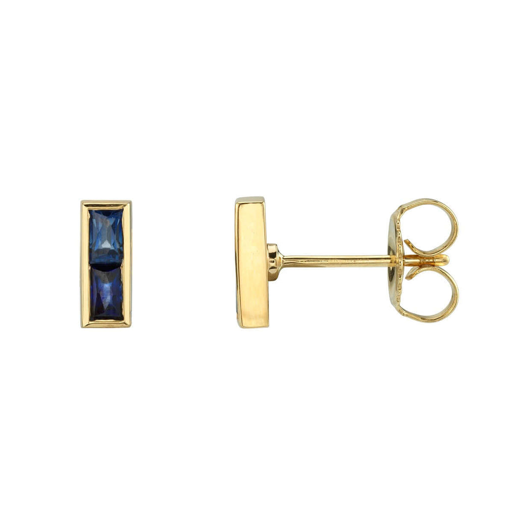Single Stone's MONET STUDS WITH GEMSTONES earrings  featuring Approximately 0.70ctw French cut gemstones set in handcrafted 18K gold bar stud earrings. 
