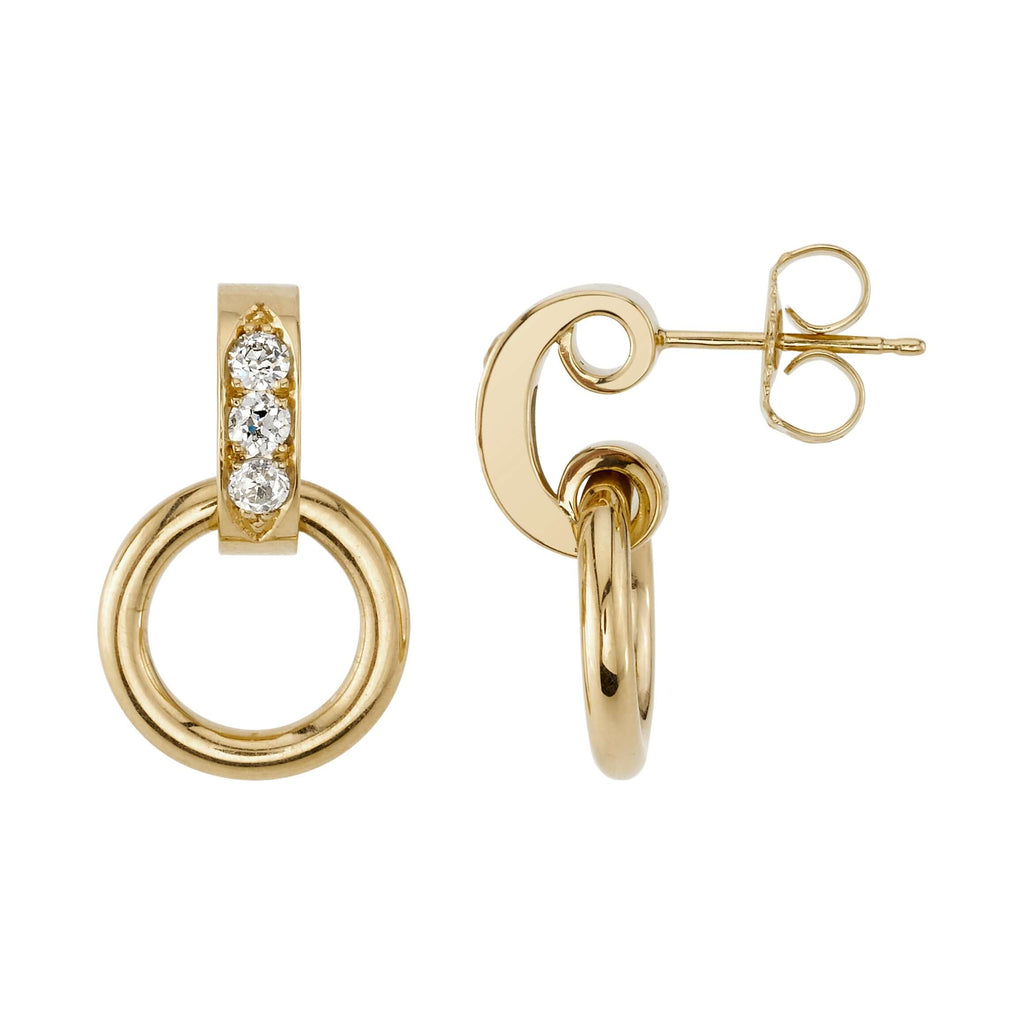 Single Stone's ASTRID HOOP earrings  featuring Approximately 0.35ctw G-H/VS old European cut diamonds prong set in 18K yellow gold hoop earrings. 

